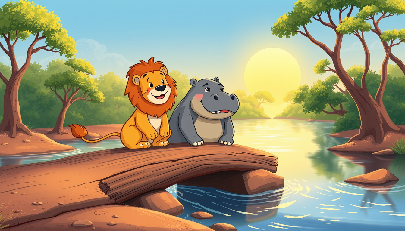 Main art studio: Illustration d’un livre pour enfants : le même lion gentil à la crinière dorée et le même hippopotame gris ont terminé de réparer le petit pont en boi