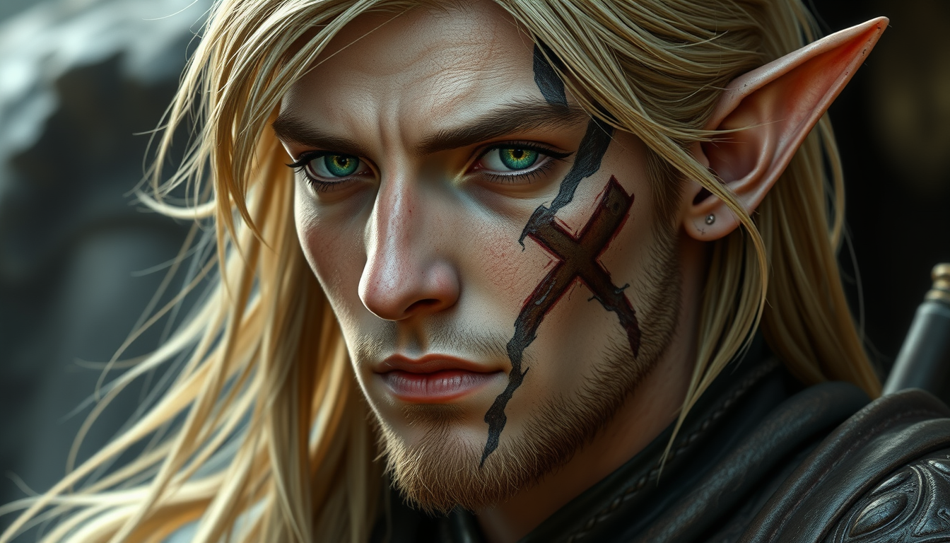 Main art studio: Half-elf, half-human male D&D character. Emerald green eyes, long flowing blond hair past his shoulders. A large deep scar covers the right side of hi