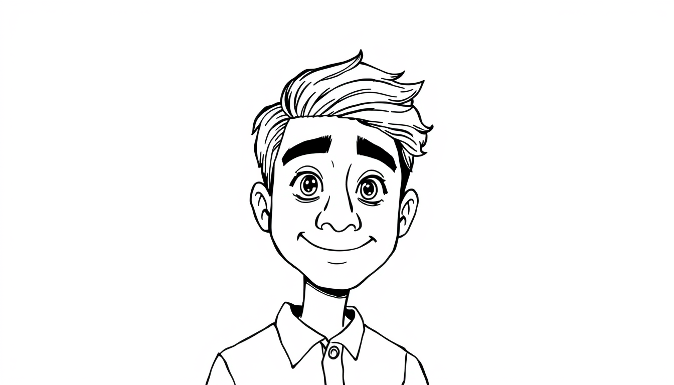 Main art studio: Professional whiteboard animation character, young Indian man, clean hand-drawn black ink sketch, expressive face, confident natural pose, smooth bold