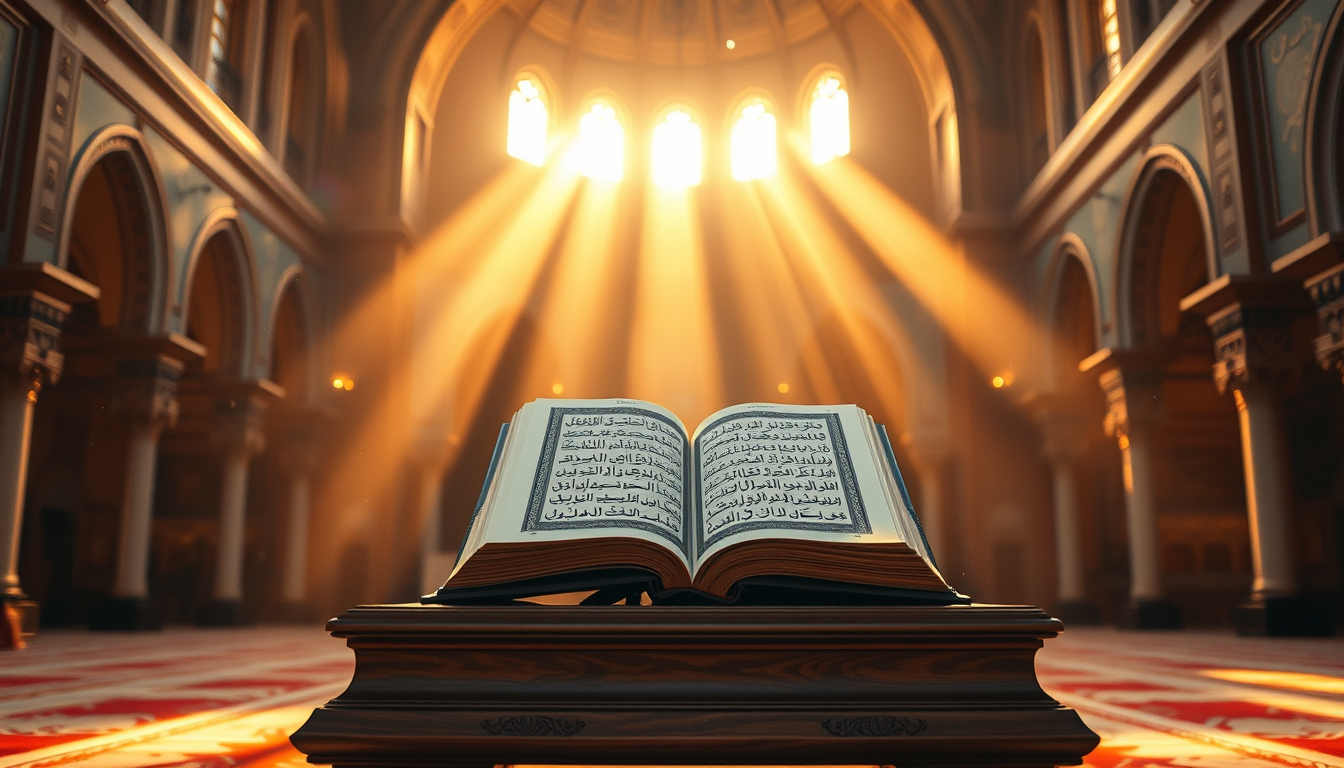 Main art studio: A beautifully illuminated Holy Quran resting on an elegant wooden stand inside a grand mosque, warm golden sunlight streaming through Islamic arches,