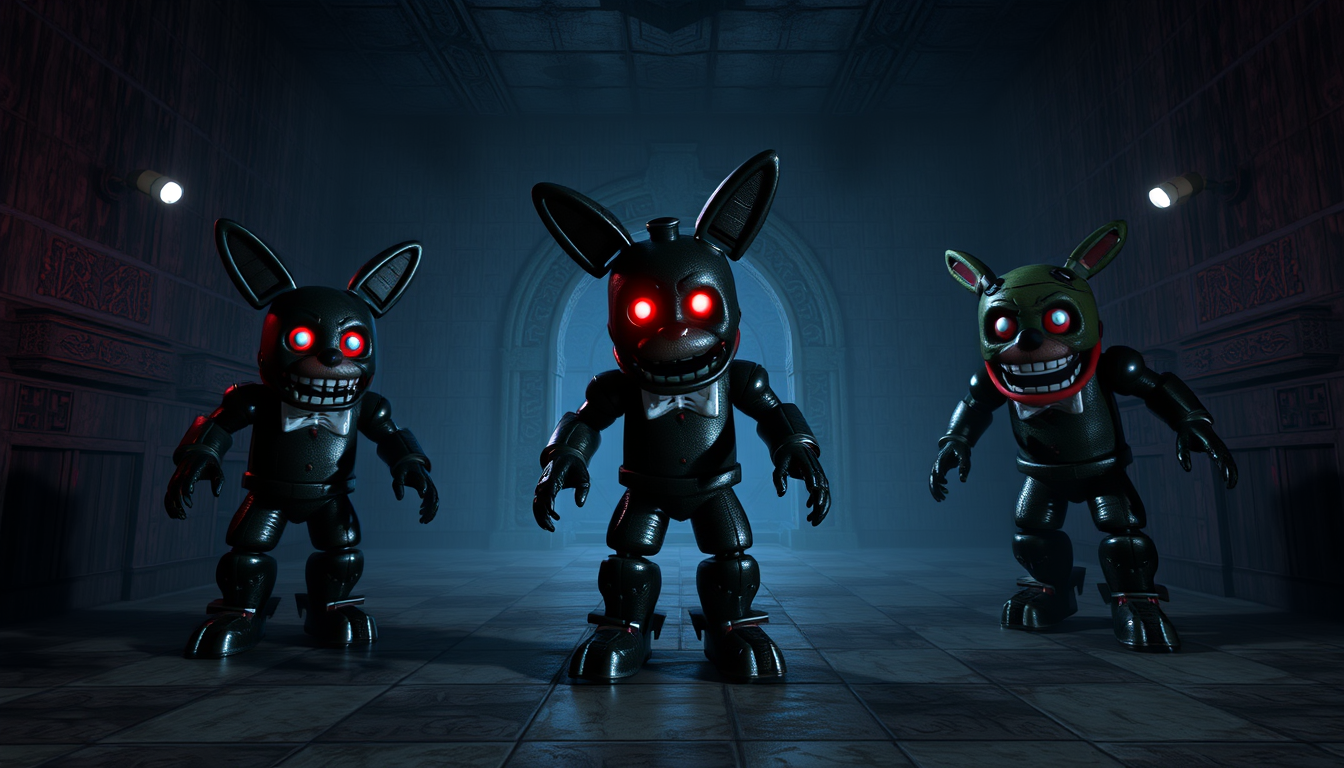 AI Art prompt example created from the prompt: Nightmare FNaF 4 SFM kao osnovu. Kratku vojnu opremu. Kaiš + džepove za municiju, ne metalne. 2 velika „Ruska ruleta“ preko struka. 2 velika