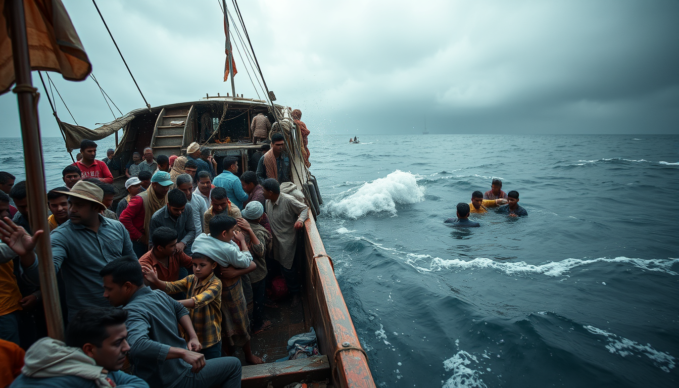 Main art studio: can you make a reaistic image from the book boy overboard and there on a boat with a storm and the boat is super crowded and the boat is dirty and the