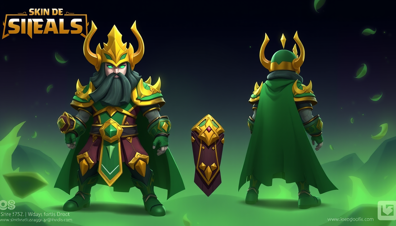 Main art studio: Skin de sirius de brawl stars de sirius con un casco dorado que tiene dos cuernos curvados , una capa verde ,el traje es dorado y sirius con aspecto d