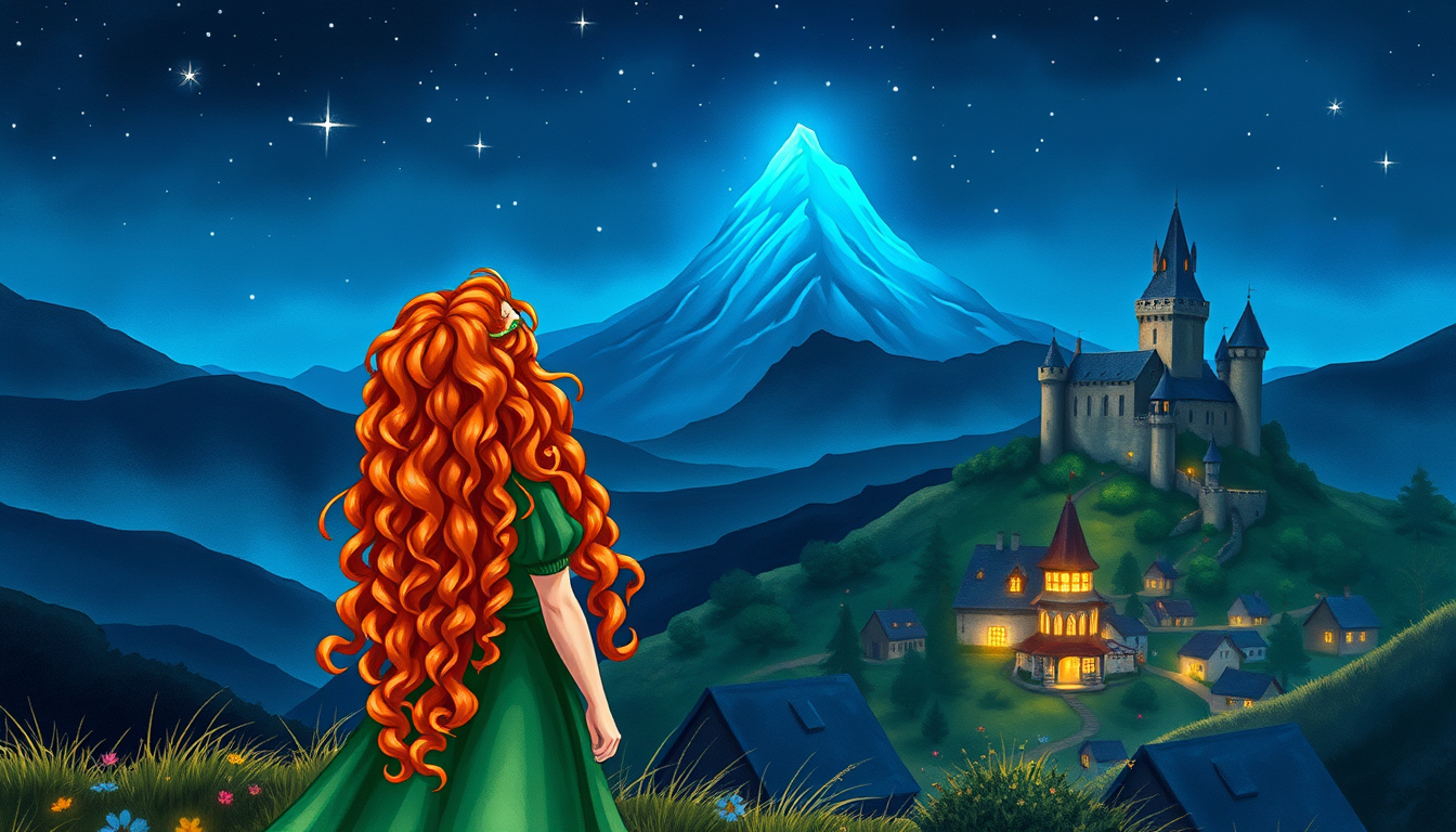 Main art studio: Magical nighttime view of DunBroch kingdom. Princess Merida stands on a hill looking at the distant castle and a tall mountain glowing with beautiful