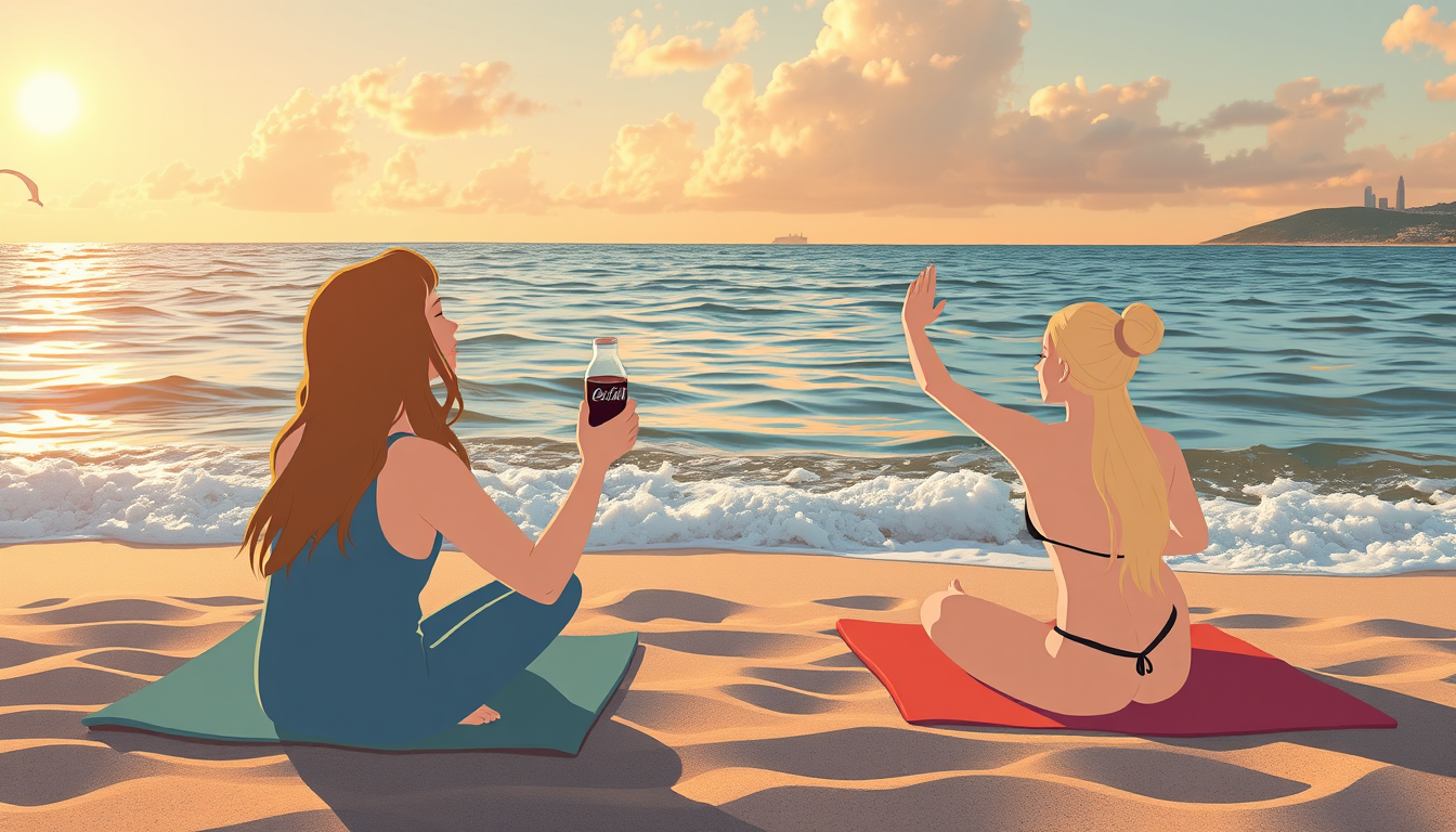 Main art studio: Ragazzi cartone animato mora e bella che fa yoga al mare al tramonto e tiene in mano una coca cola il vetro