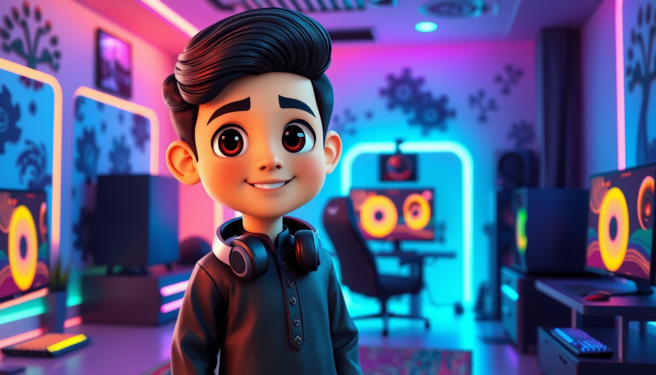 Main art studio: A cute 3D cartoon Pakistani boy, wearing a stylish black shalwar kameez, standing in a beautiful gaming room, colorful RGB lights, gaming PC setup, he