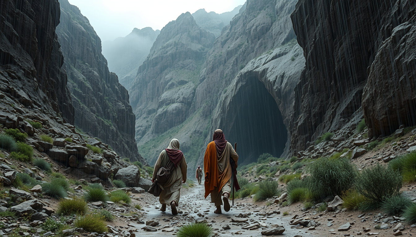 Main art studio: The same three ancient Arabian travelers from the previous scenes walking through a rugged mountain valley during heavy rain, suddenly seeing a large 