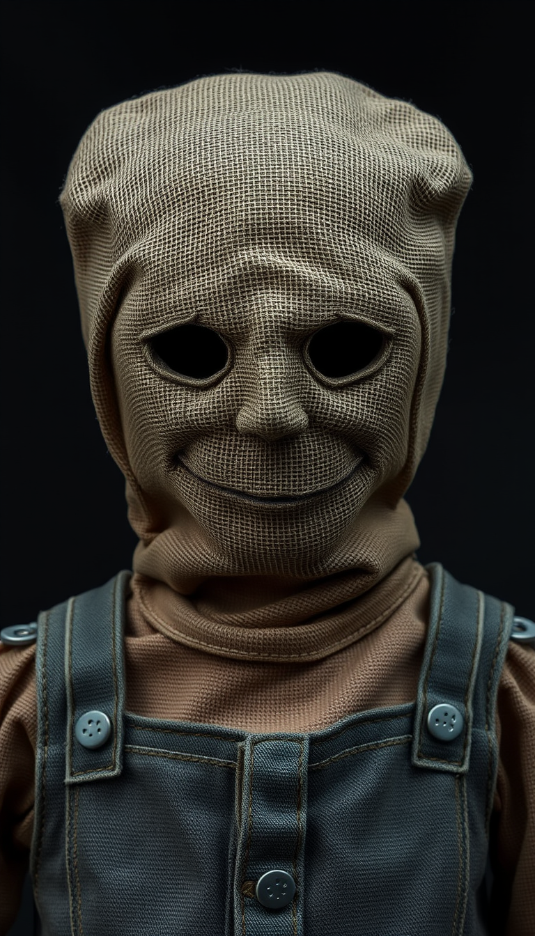 AI Art prompt example created from the prompt: Edit the scarecrow to remove its entire face. Its head must be a completely blank, featureless, rough burlap sack. Absolutely NO eyes, NO no
