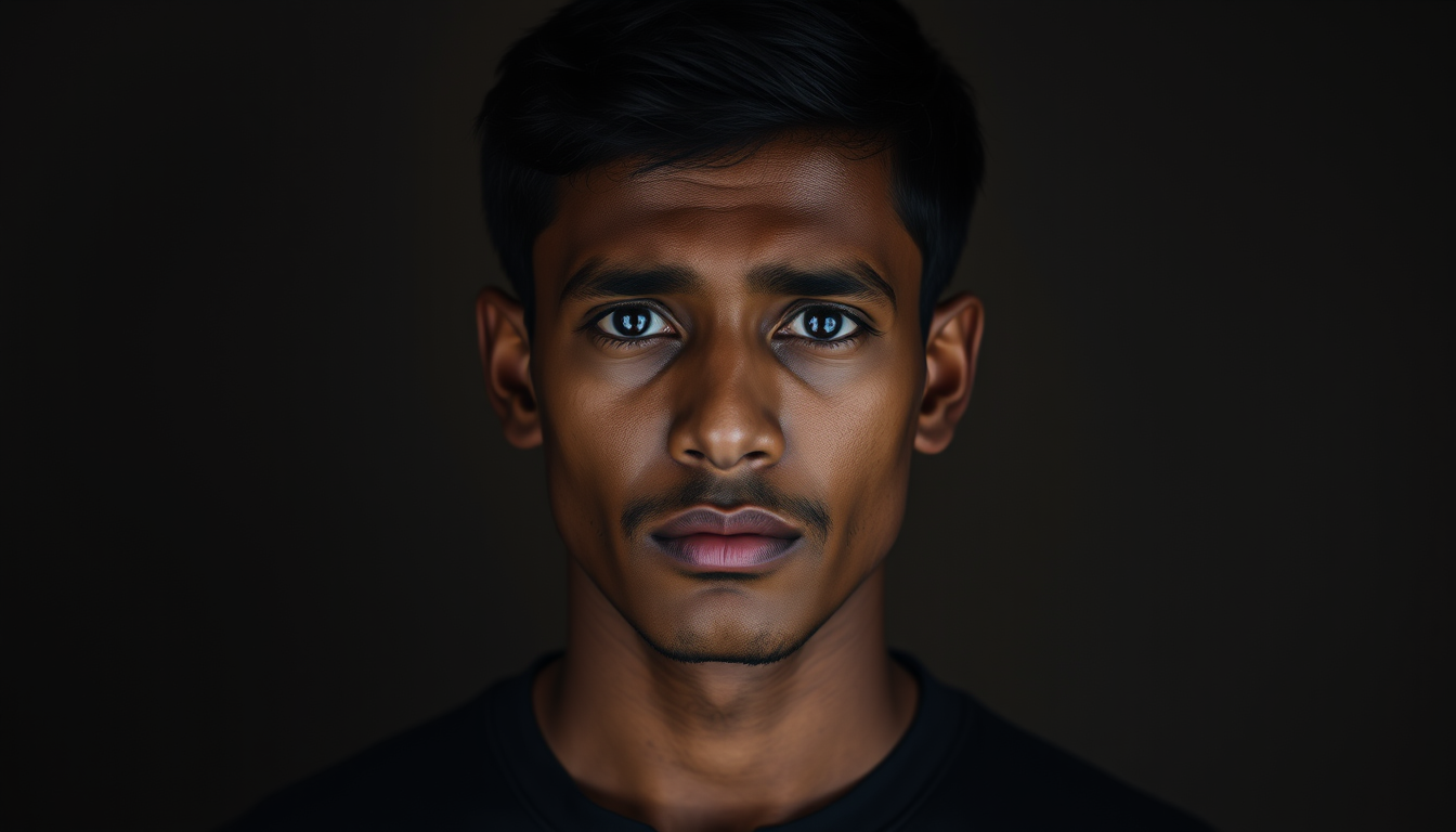 Main art studio: A realistic cinematic portrait of Kavindu, a 23-year-old Sri Lankan man, short black hair, medium brown skin, simple dark t-shirt, natural face, calm 