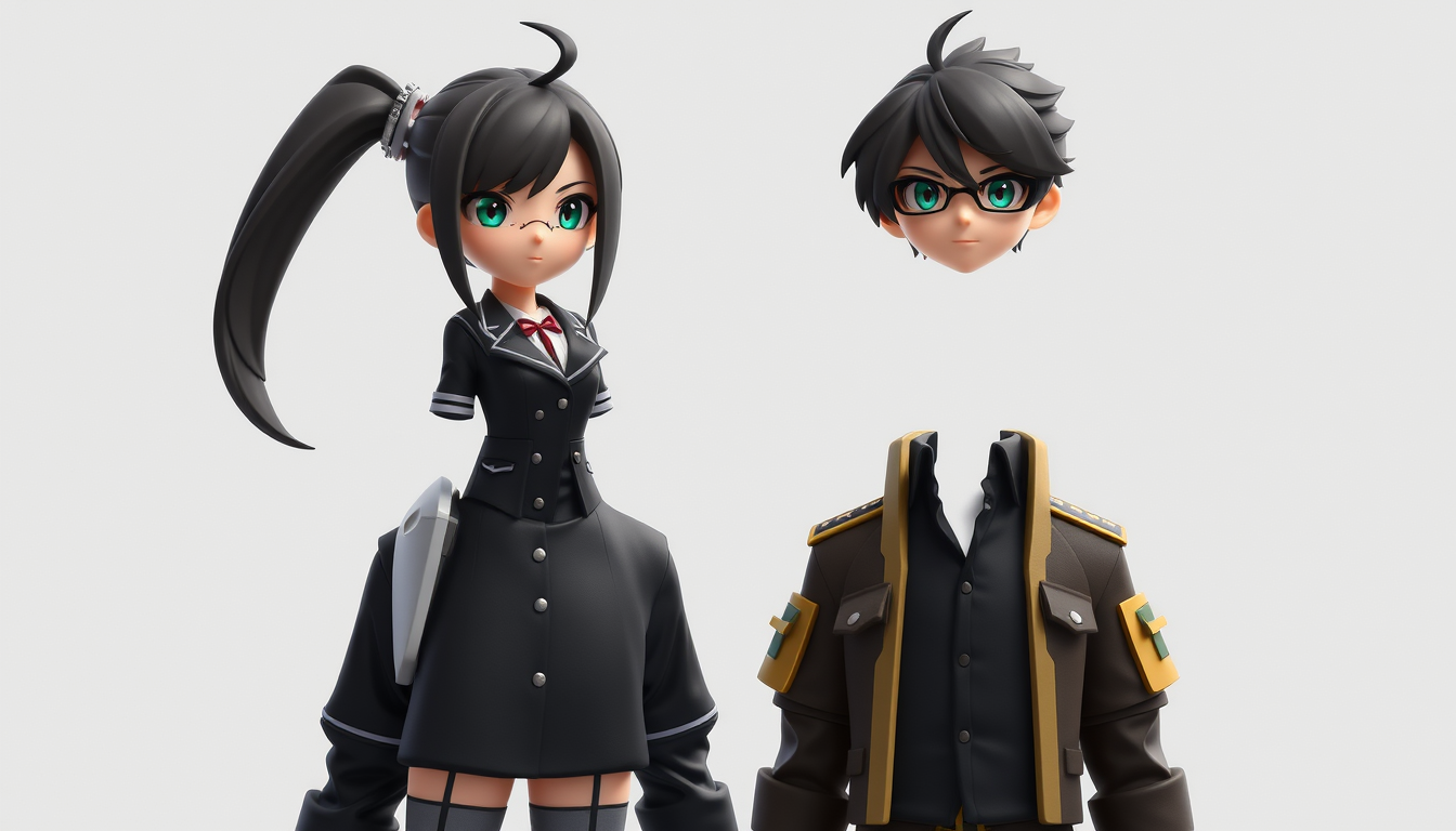 Main art studio: CRIAR CASAL DE PERSONAGEM DE ANIME EM 3D PERSONAGEM FEMININA CABELO ACHEADO COR DAS PONTAS DO CABELO VERMELHA OM UNIFORME DE ESCOLA E AO MSEGUNDO PERS