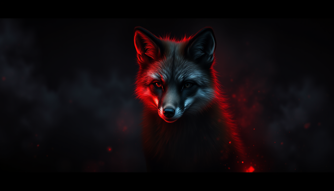 Main art studio: Cinematic 16:9 background for a black-and-red male fox VTuber. Deep black, charcoal and dark crimson palette. A slightly brighter soft silver-gray and