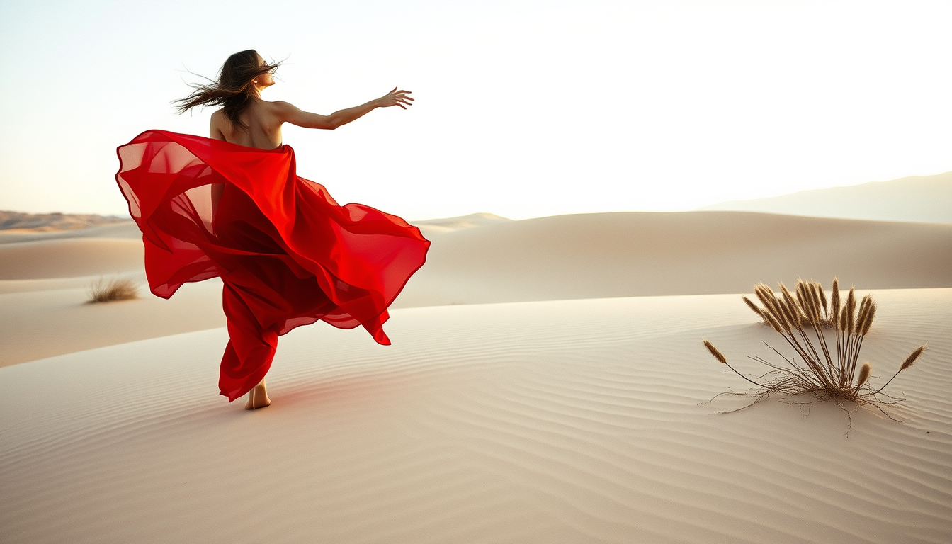 Main art studio: fashion editorial, flowing red dress in a desert, dramatic wind, soft lightadit