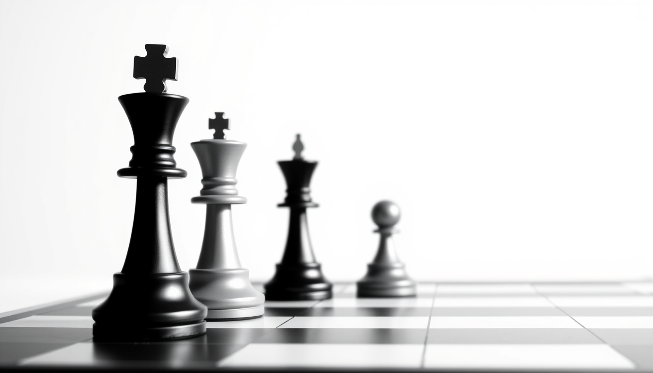 Main art studio: Simple vertical black and white poster design for a chess club. Clean, fun and modern. A few realistic Staunton chess pieces and a small chessboard, a