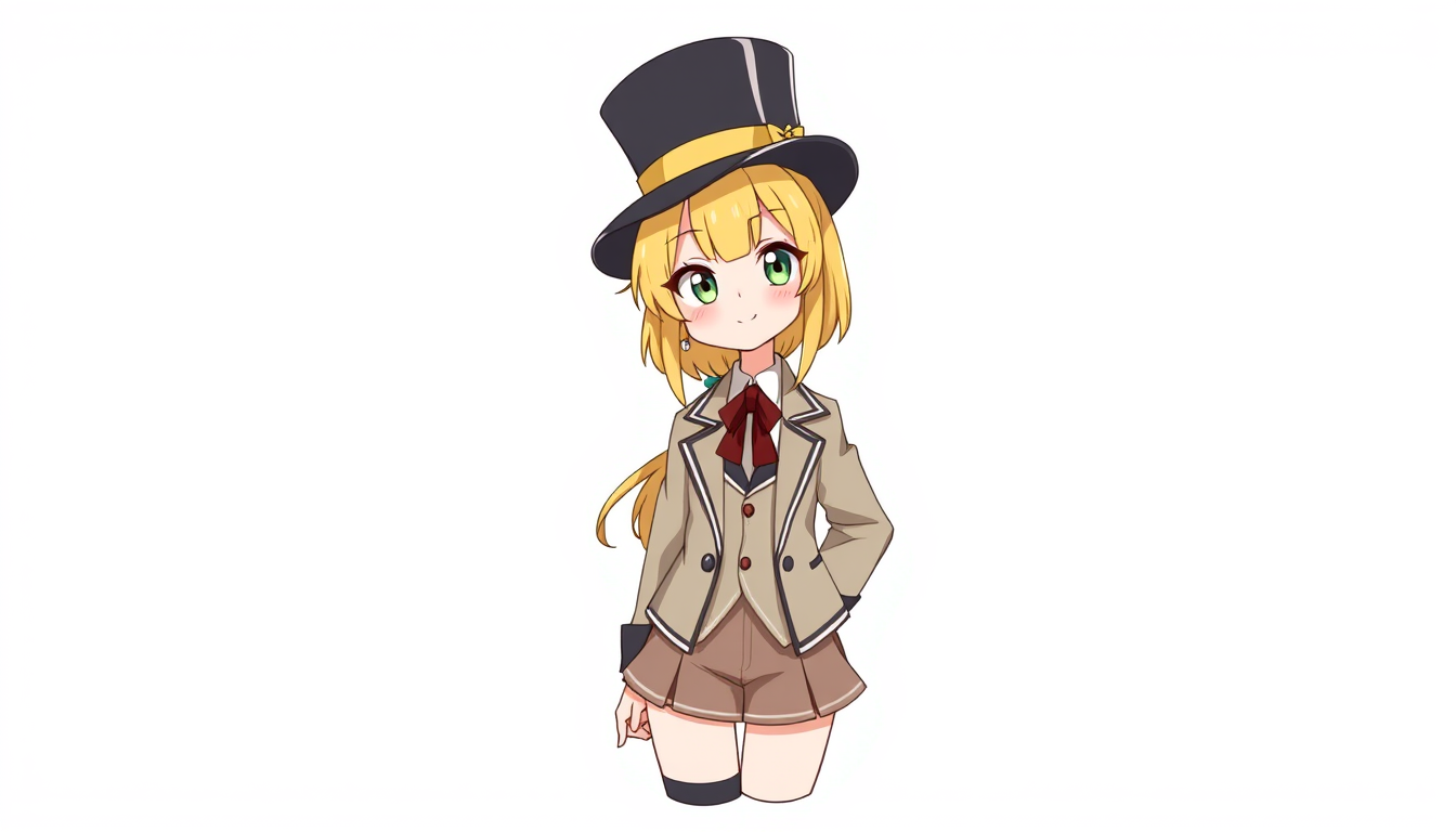 Characters idea: original character design, detailed outfit and accessories, expressive personality, A blonde girl with a top hat, a short and blazer, and a skirt matc