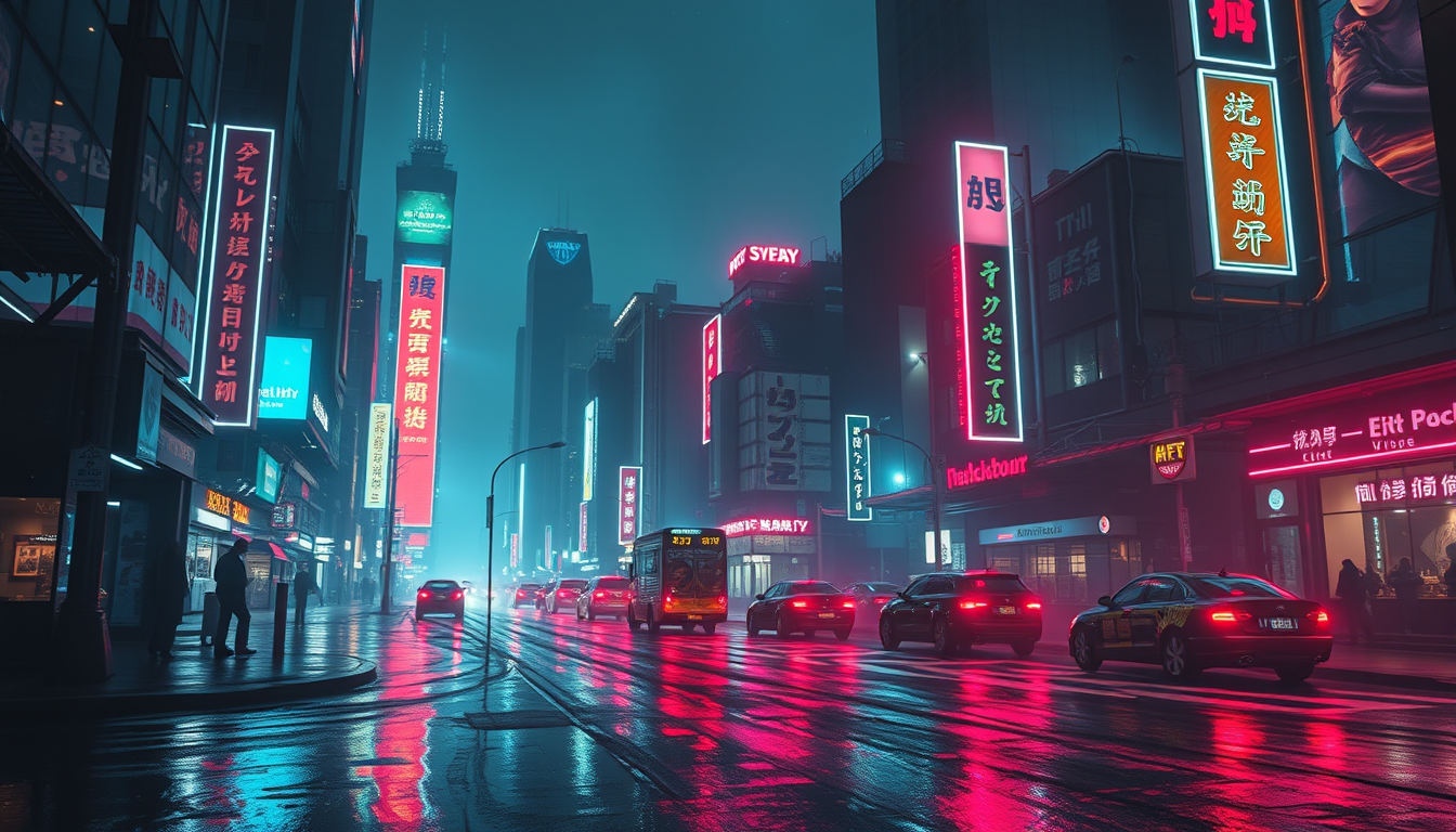 Wallpaper idea created from the prompt: wallpaper artwork, wide atmospheric scene or bold pattern, high detail, A cyberpunk city at night with neon reflections on wet streets , des
