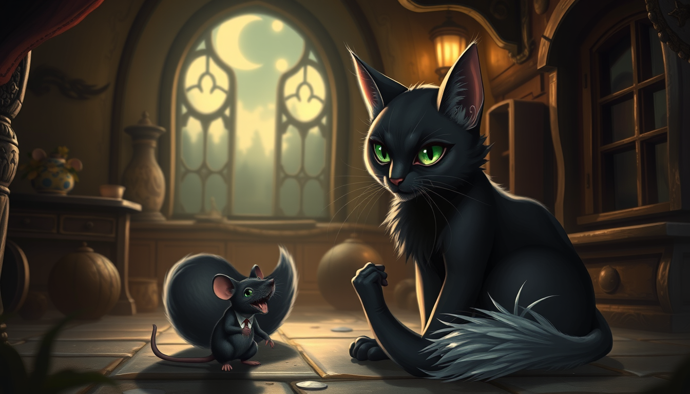 Main art studio: "A beautiful elegant female catgirl named Luna, silver-black fur, intelligent emerald eyes, sitting confidently in an old moonlit house. A small male