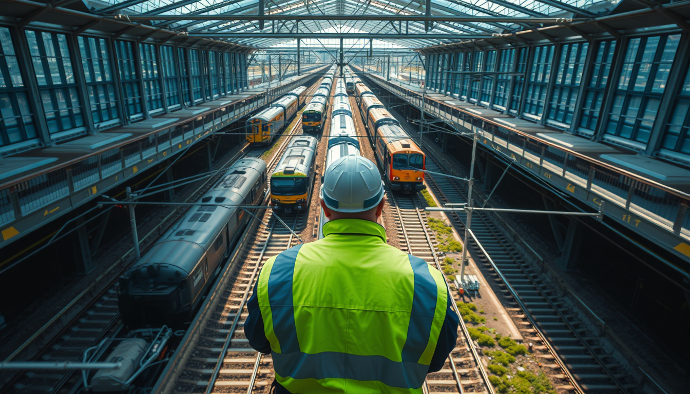 Main art studio: Vista aérea realista de un guardia de seguridad en un patio ferroviario, ubicado al inicio de una vía de tren. Varias vías y vagones visibles, composi