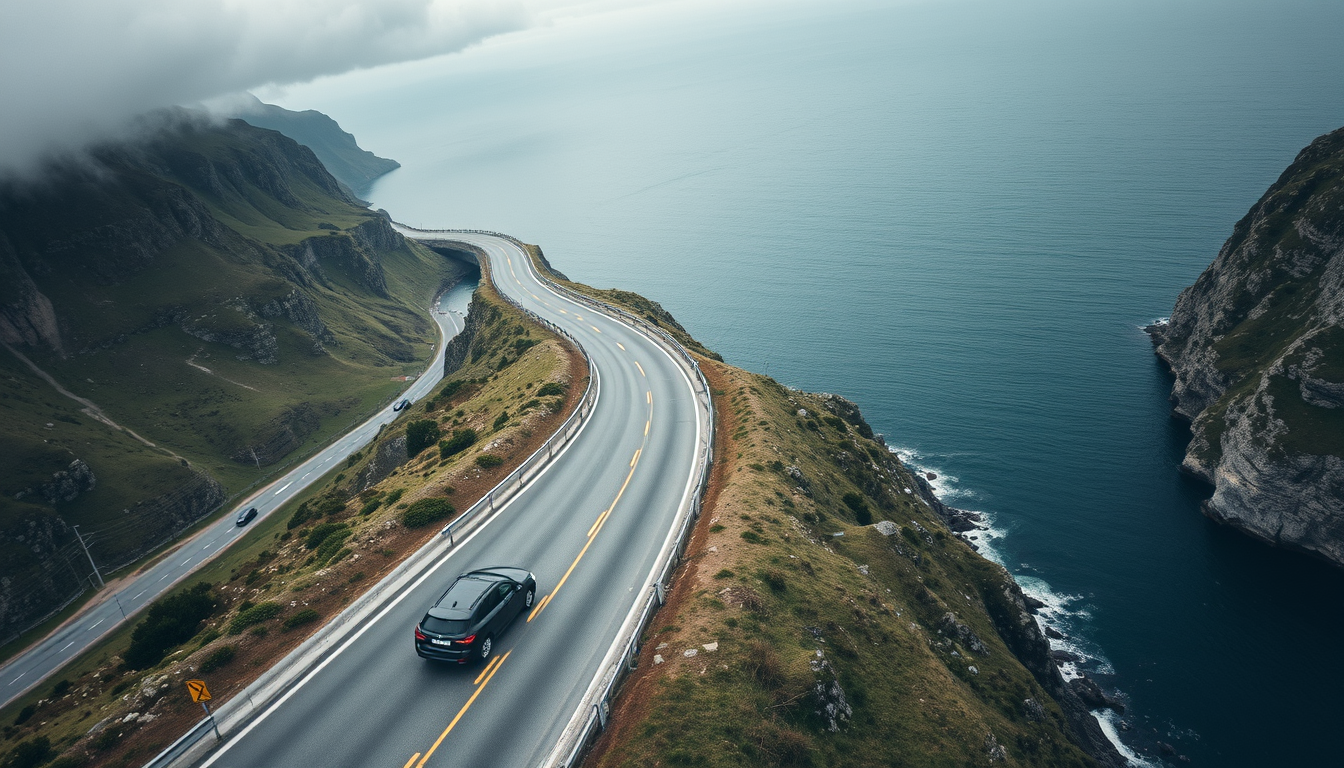 Main art studio: Ein Auto auf einer Landstraße. Links berge, rechts das Meer. Serpentinen im Hintergrund. Eher dunklere Bildsprache. Bild von oben in der Helikopterans