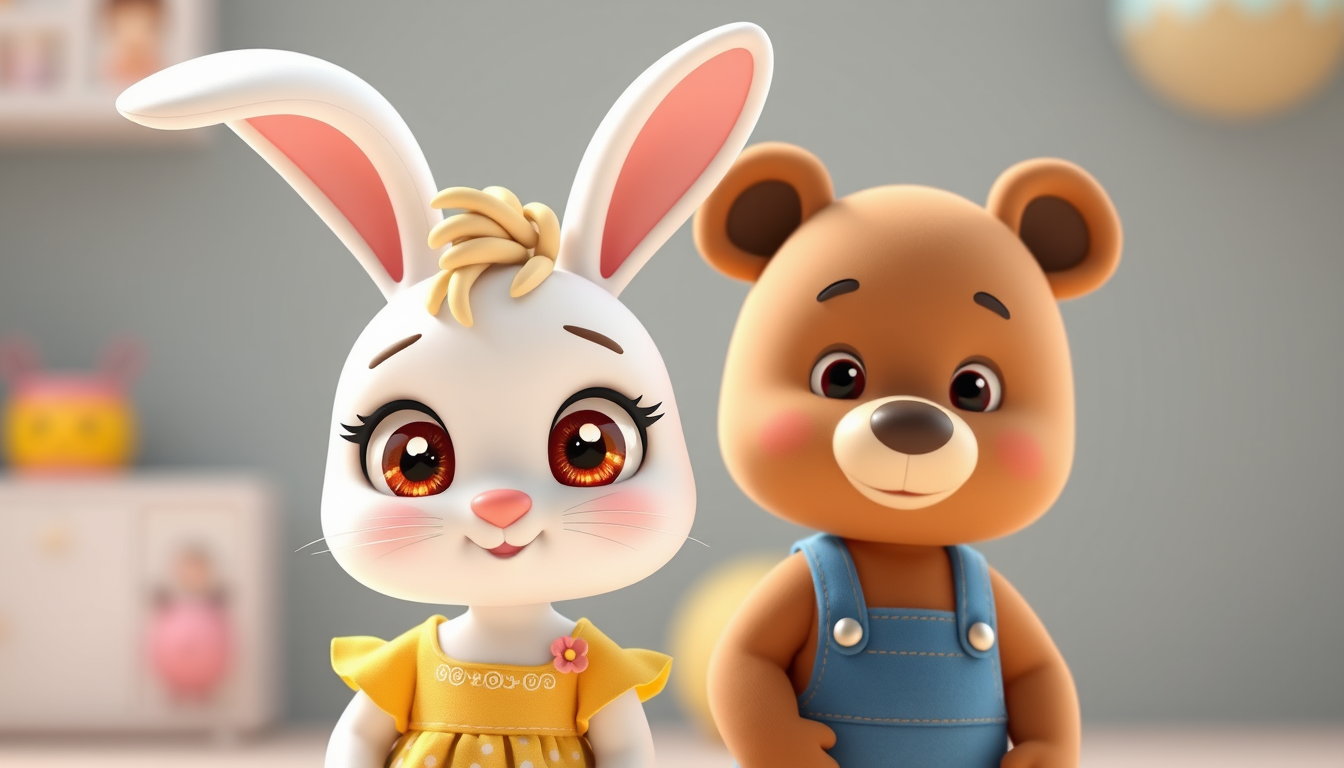 Main art studio: A cute little white bunny girl named Lulu, big sparkling brown eyes, tiny pink nose, long soft ears, wearing a yellow dress with a small pink flower.