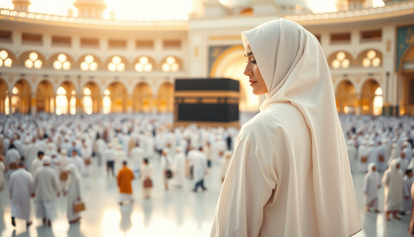 AI Art prompt example created from the prompt: A beautiful, realistic image of a Muslim female pilgrim wearing modest white Islamic clothing, performing Sa'i between Safa and Marwa in Mas