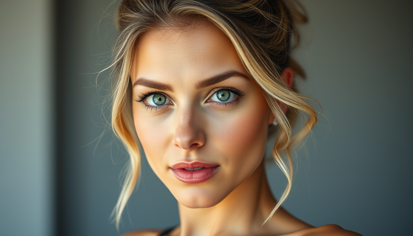 Main art studio: Mujer de 22 años, pelo castaño ondulando, ojos verdes, figura deportiva definida, buenos senos y con buen trasero, piel tono medio, con labios carnoso