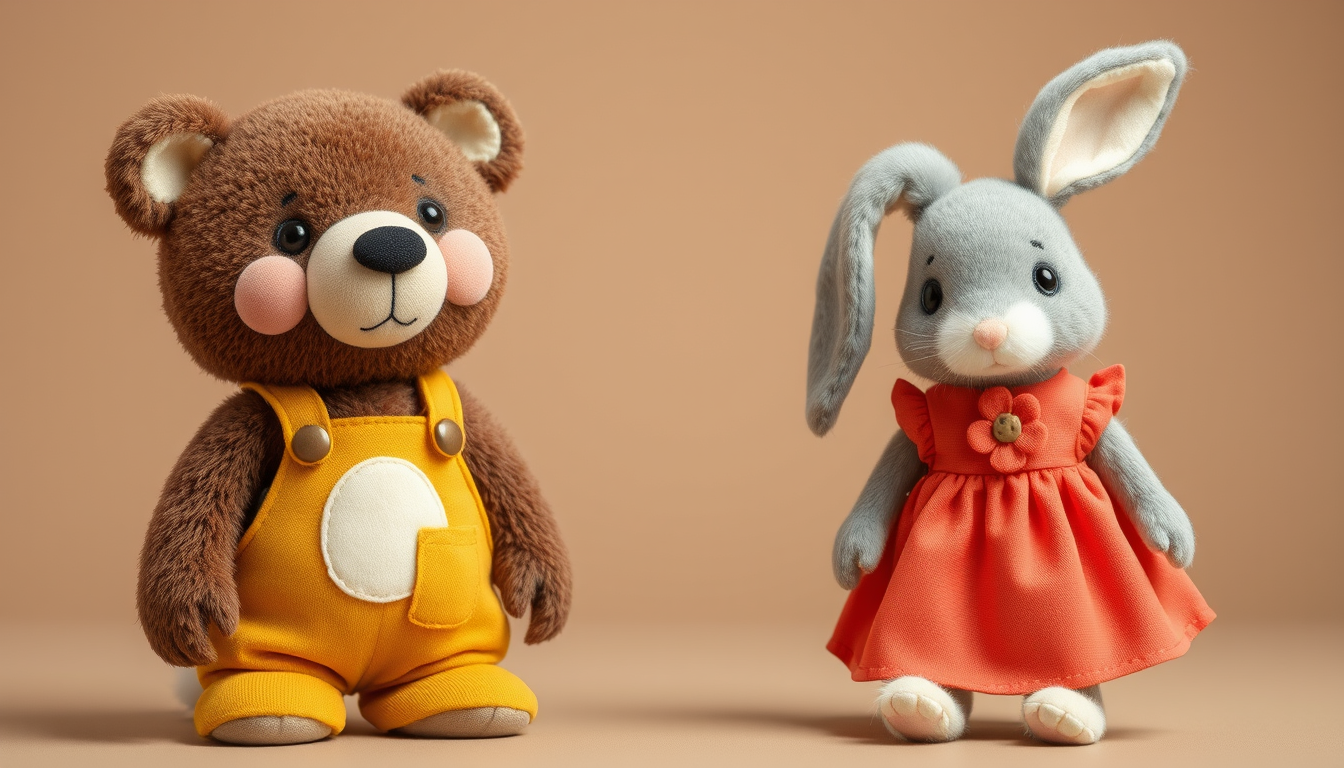 Main art studio: Characters: Benjamin, a toddler bear cub with an oversized round head vs small body, soft brown fur, cream belly patch, mustard-yellow dungarees with