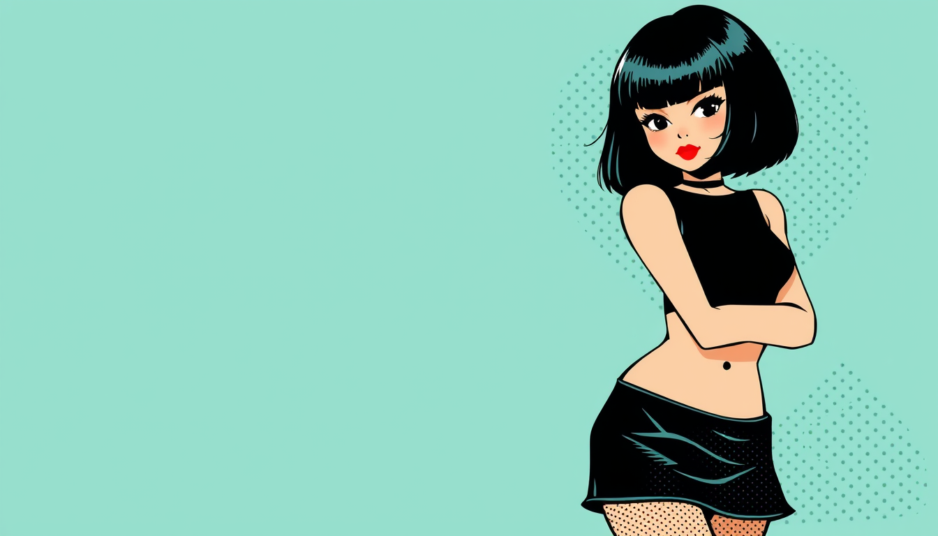 Pop Art idea created from the prompt: bold pop-art graphic treatment, flat high-contrast colors, halftone dots, thick outlines, 60'S STYLE GIRL, BLACK BOB HAIR STYLE, MINI SKIRT,
