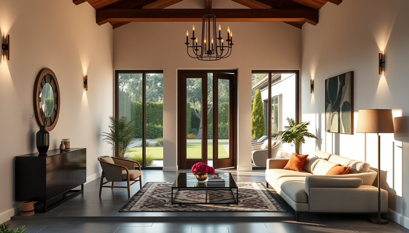 Main art studio: Elegante ingresso di una villa moderna al tramonto con porta aperta e giardino curato. Atmosfera accogliente, fotografia ultra realistica, stile immob