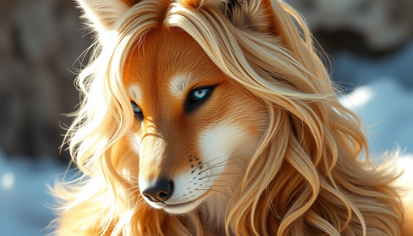 Main art studio: Female adult kitsune with a voluptuous body, wavy blonde hair, blue soft eyes, sun kissed skin