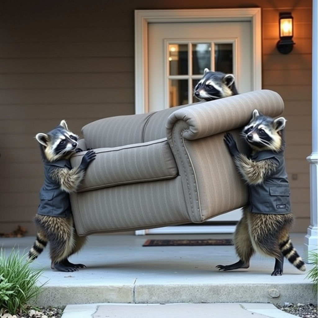Main art studio: A family of raccoons dressed like professional movers carefully carries a couch up to the porch and rings the bell.