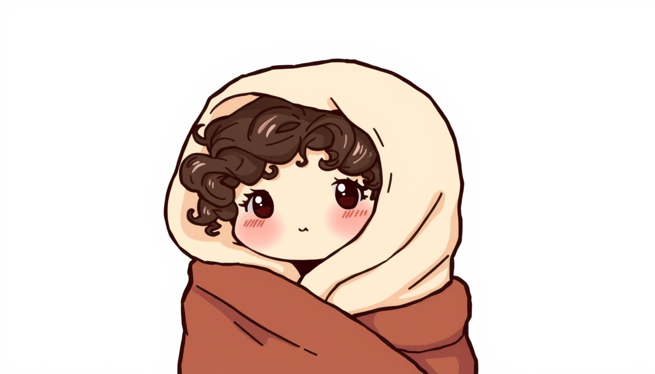 Main art studio: Draw a image of a girl with curly and dark brown hair in the kawaii style. The girl is in a blanket, like a burrito, and her head is also covered by t