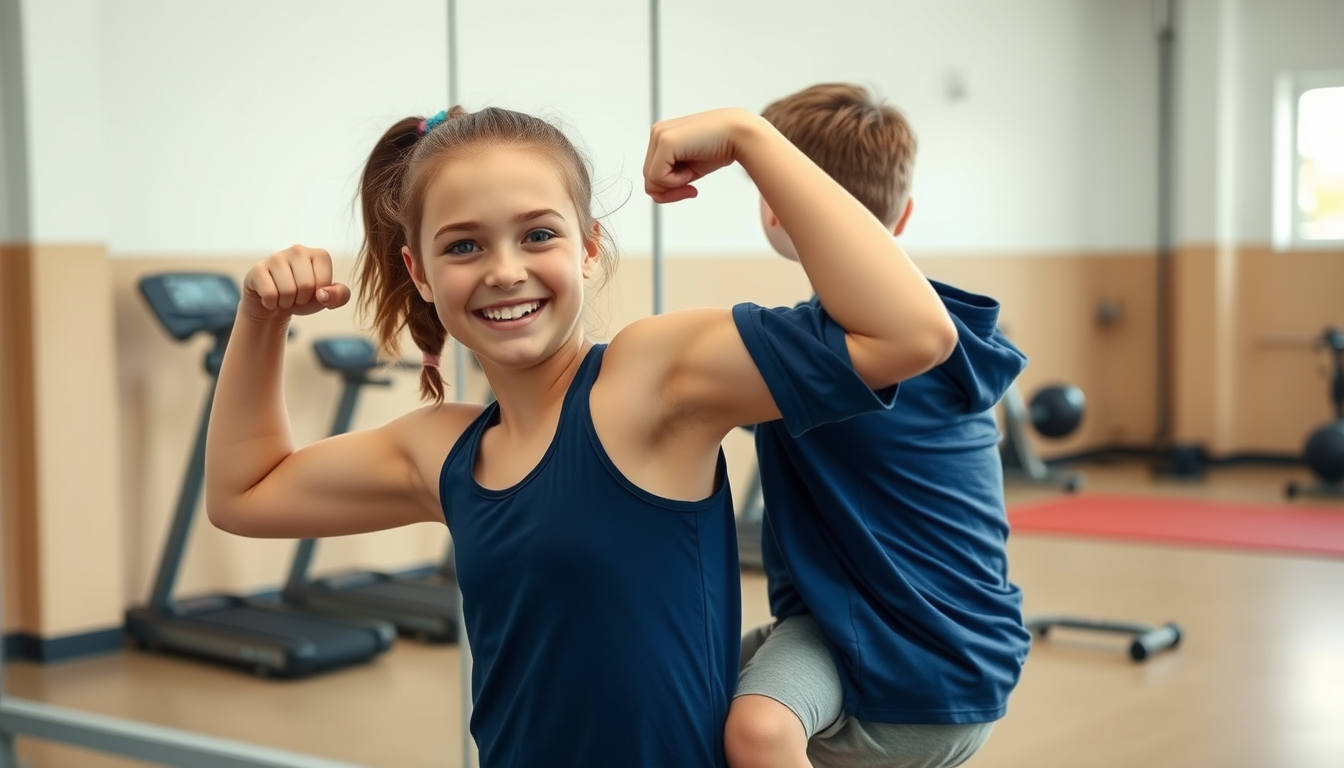 Main art studio: fille de 11 ans dans une salle de sport familiale, habillée normalement pour faire du sport, debout devant un miroir après un petit entraînement. Elle