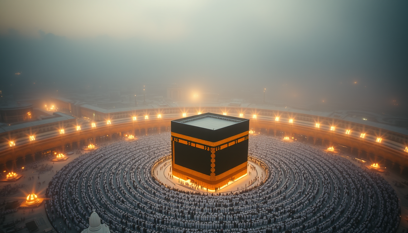 Main art studio: Cinematic aerial establishing shot, 8K, the holy city of Mecca at dawn, Masjid al-Haram at the center, the black-draped Kaaba with gold calligraphy gl