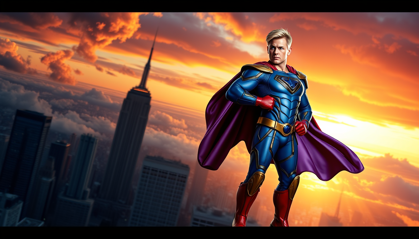 YouTube Banners idea: youtube channel banner, wide 16:9 composition, bold branding graphics, A powerful patriotic superhero standing confidently on top of a skyscraper at s