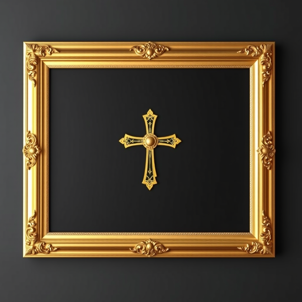 Main art studio: Gilden framed black backgrouned golden cross