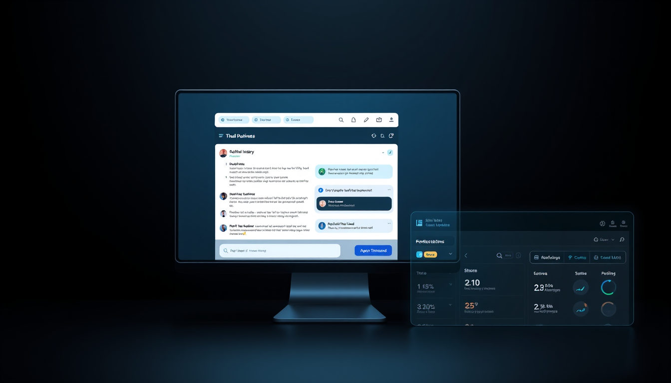 Main art studio: Create a premium dark-mode SaaS landing page hero visual. A realistic product UI mockup for a lead conversion platform. Composition: - A floating desk
