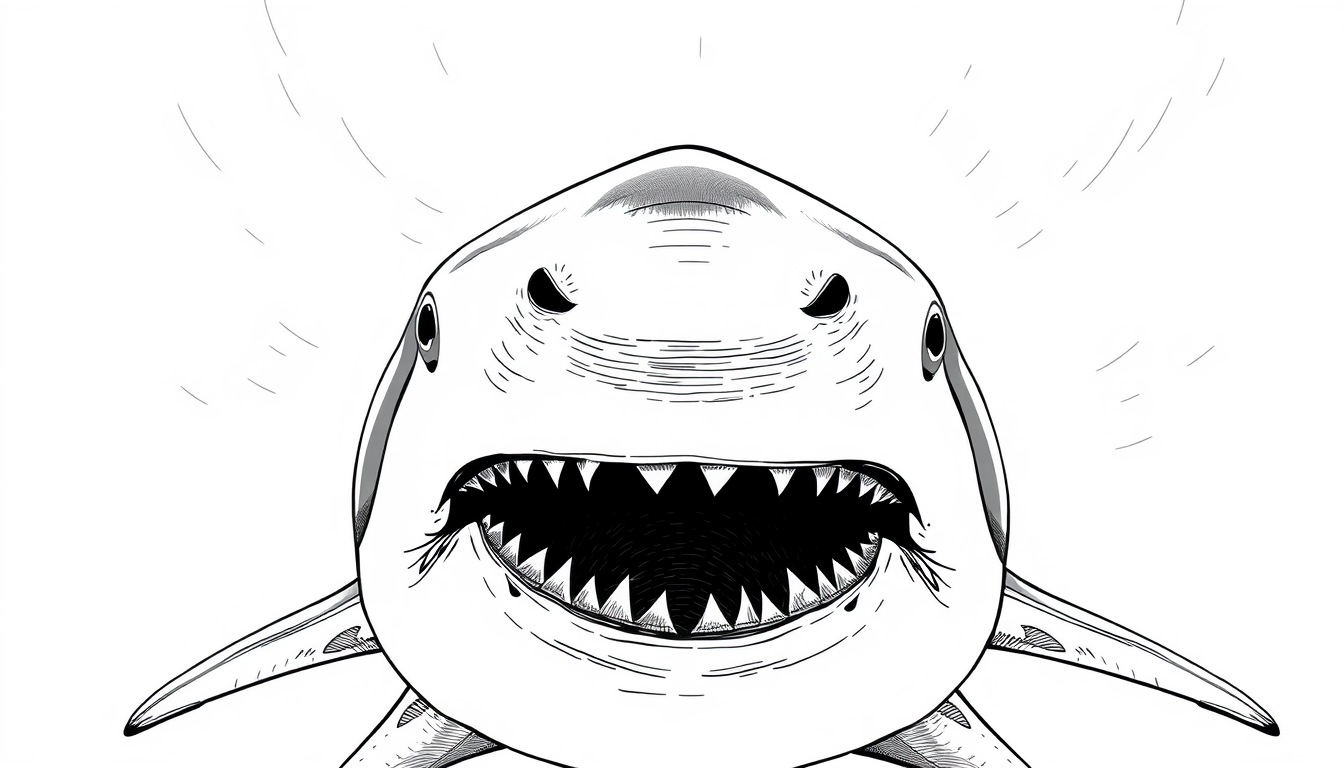 Main art studio: A big white shark front, the camera is low looking up to the shark. Black ink ilustration, without color, only black and white.