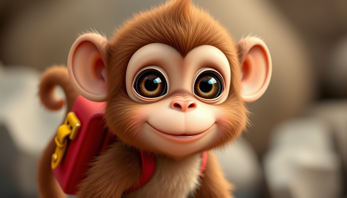 Main art studio: Milo — a cute baby monkey with soft brown fur, big round expressive brown eyes, a round chubby face, small rounded ears, a long curled tail, and a sma