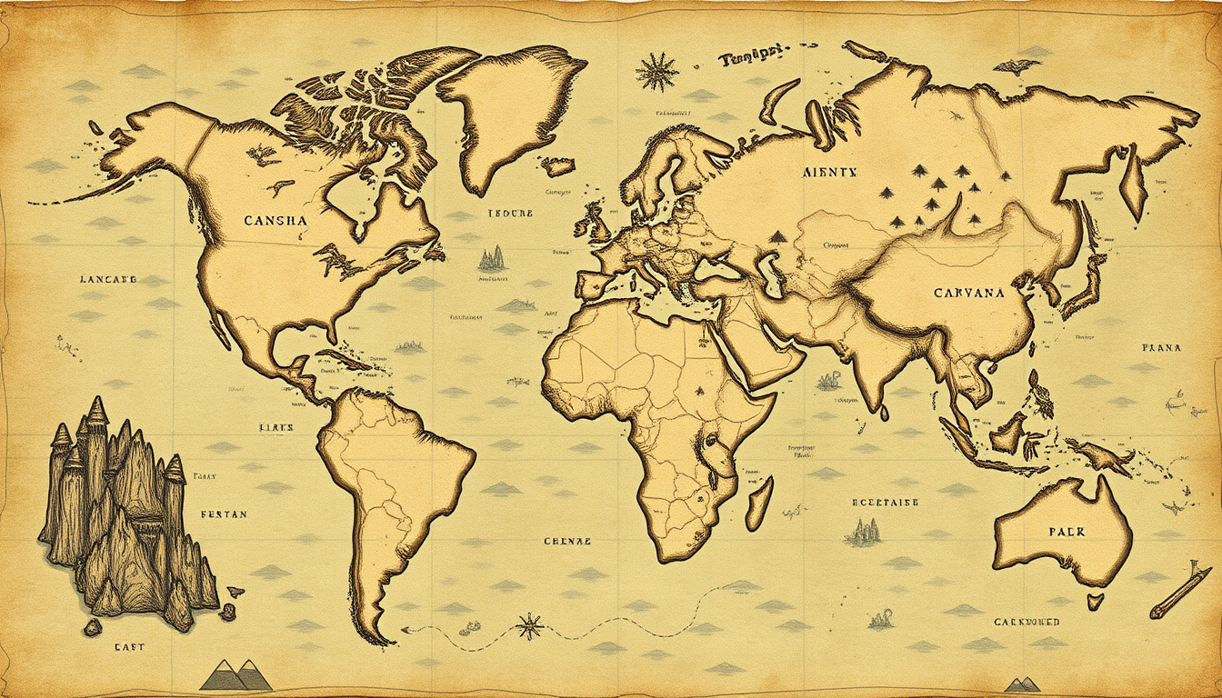 Fantasy Map idea created from the prompt: fantasy world map, hand-drawn cartography, aged parchment, mountains forests and coastlines, ファンタジー大陸マップ、中央に山脈、北に密林、南に砂漠、古い羊皮紙スタイル , detaile