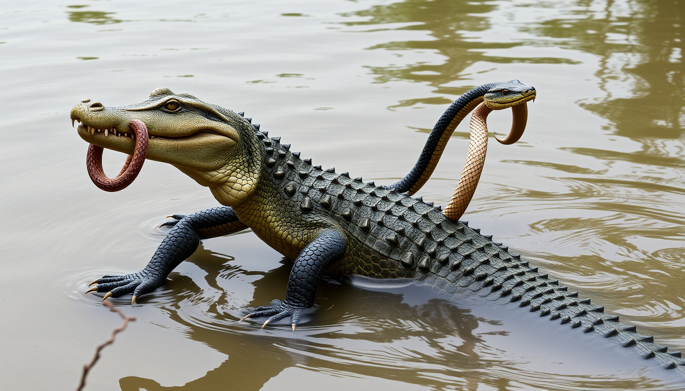 Main art studio: make a crocodile/alligator with snakes as arms this has to be realistic and please make it neat the picture takes place in the amazon and make it work