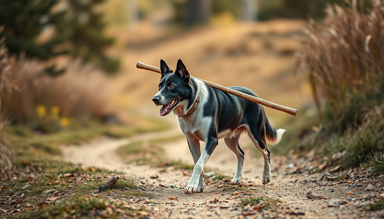 AI Art prompt example created from the prompt: A black and white dog carrying a big stick walking beside Jesus.