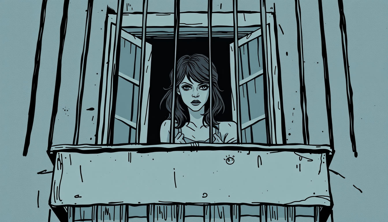 Main art studio: hola.necesitamos una imagen de una chica en el balcon gritando para una portada de novela q sea tetrico y titulado la sombra del balcon pero hacelo es
