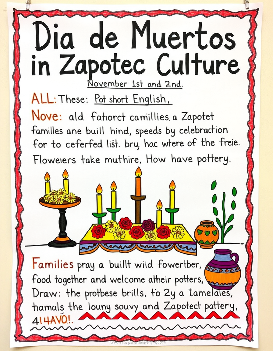Main art studio: Create a handmade student poster about “Día de Muertos in Zapotec Culture”. ALL TEXT MUST BE CORRECT ENGLISH. Title: “Día de Muertos in Zapotec Cultur