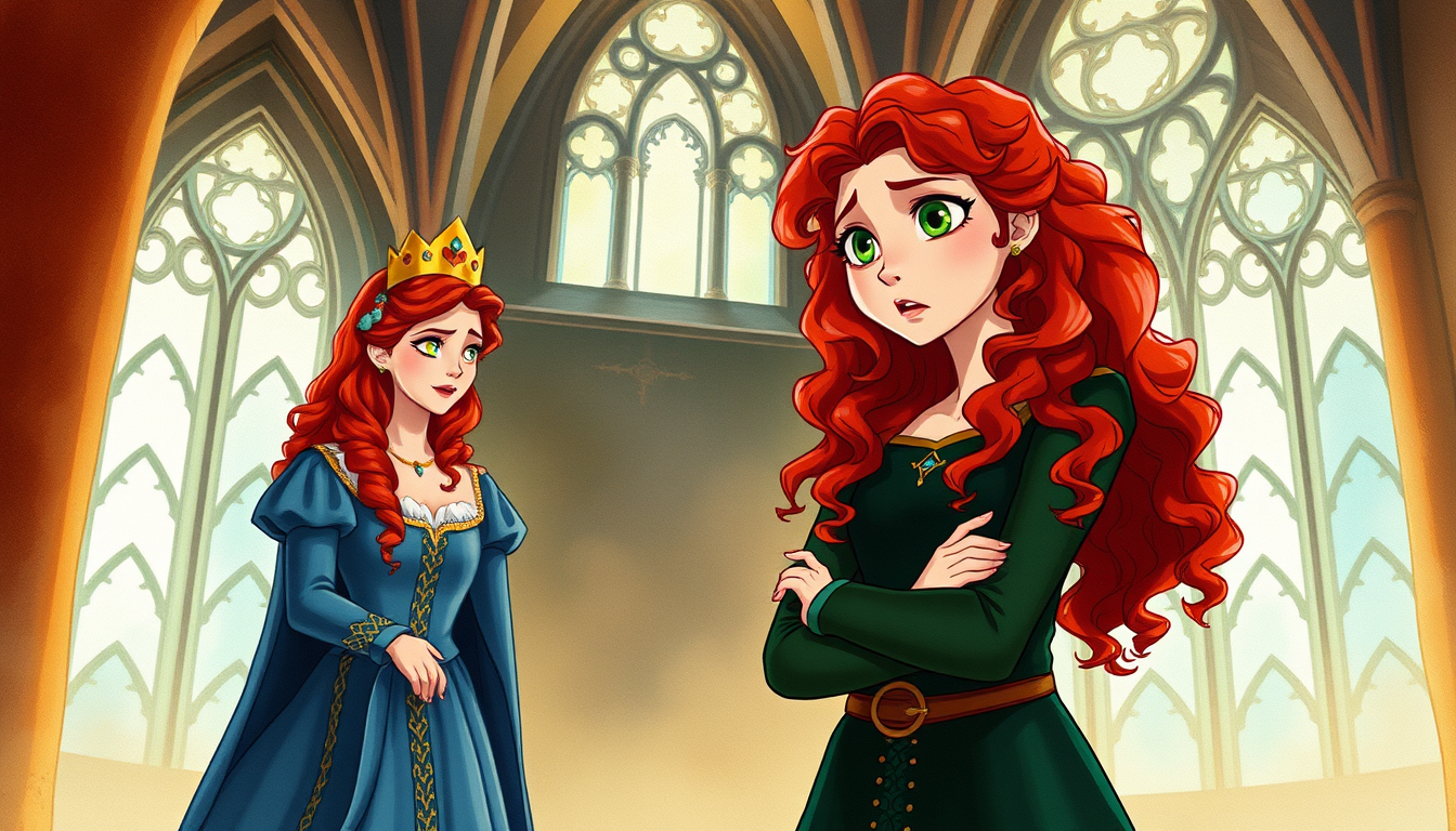 Main art studio: Merida, a teenage princess with long curly red hair, green eyes, and a dark green dress, argues with Queen Elinor inside a medieval castle. Elinor wea