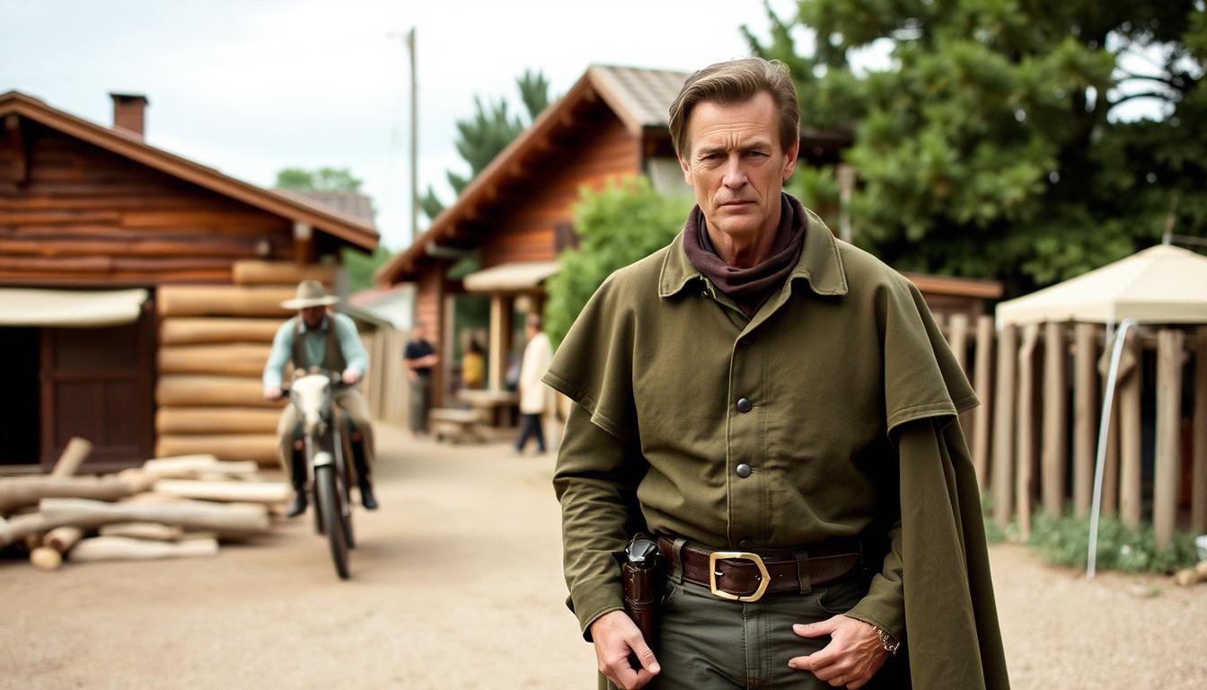 Main art studio: Can you generate a pic of someone who is 5'7 around 150-165 pounds wearing an olive green ponch from Eculama inspired by the ponch Clint Eastwood wore