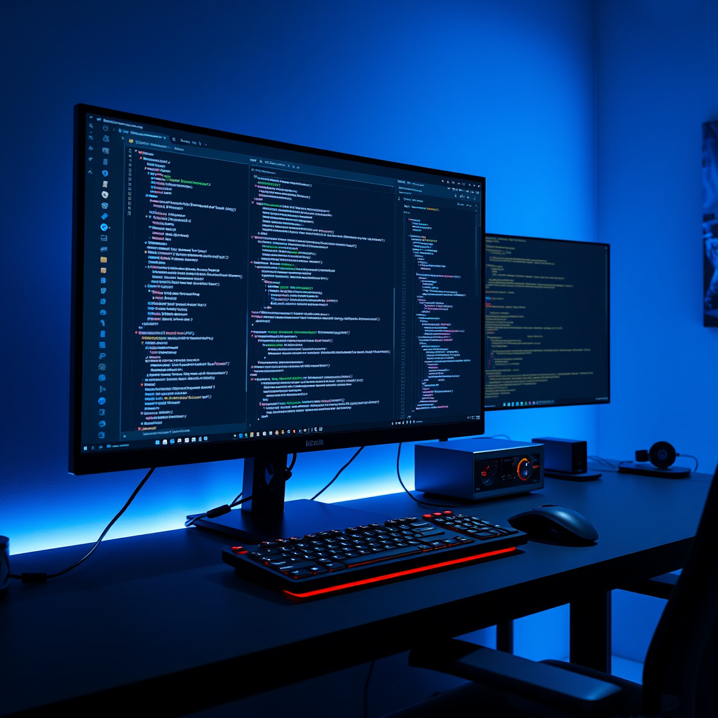 Main art studio: Professional software developer workspace, powerful desktop PC, huge monitor showing clean programming code, Python and C++ code editor, terminal wind