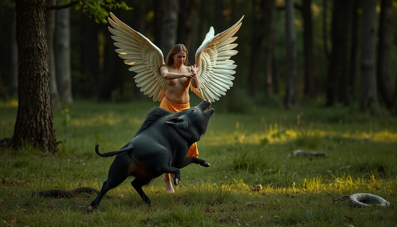Main art studio: Angel fighting a boar
