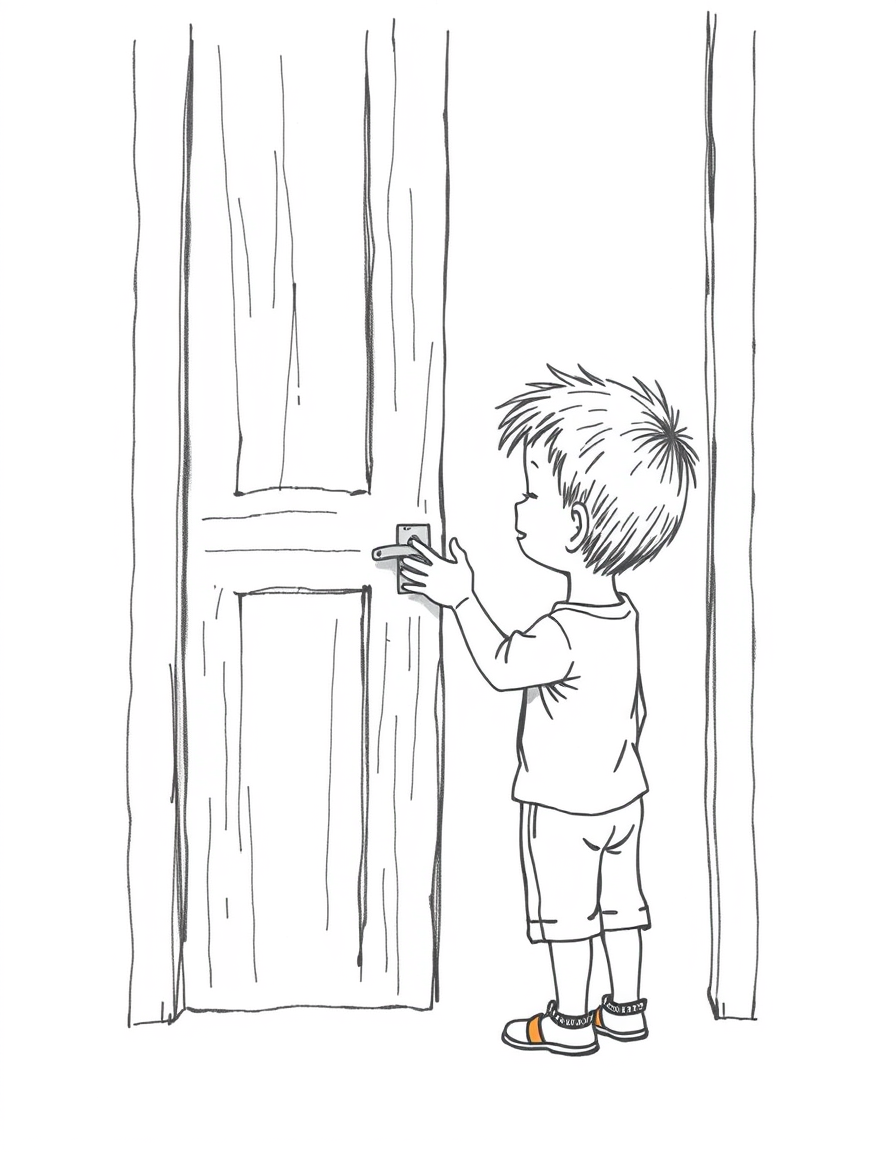 Main art studio: Black and white pencil sketch, simple hand-drawn style. A little boy stands at an old wooden door, gently holding the door handle with one hand. The h