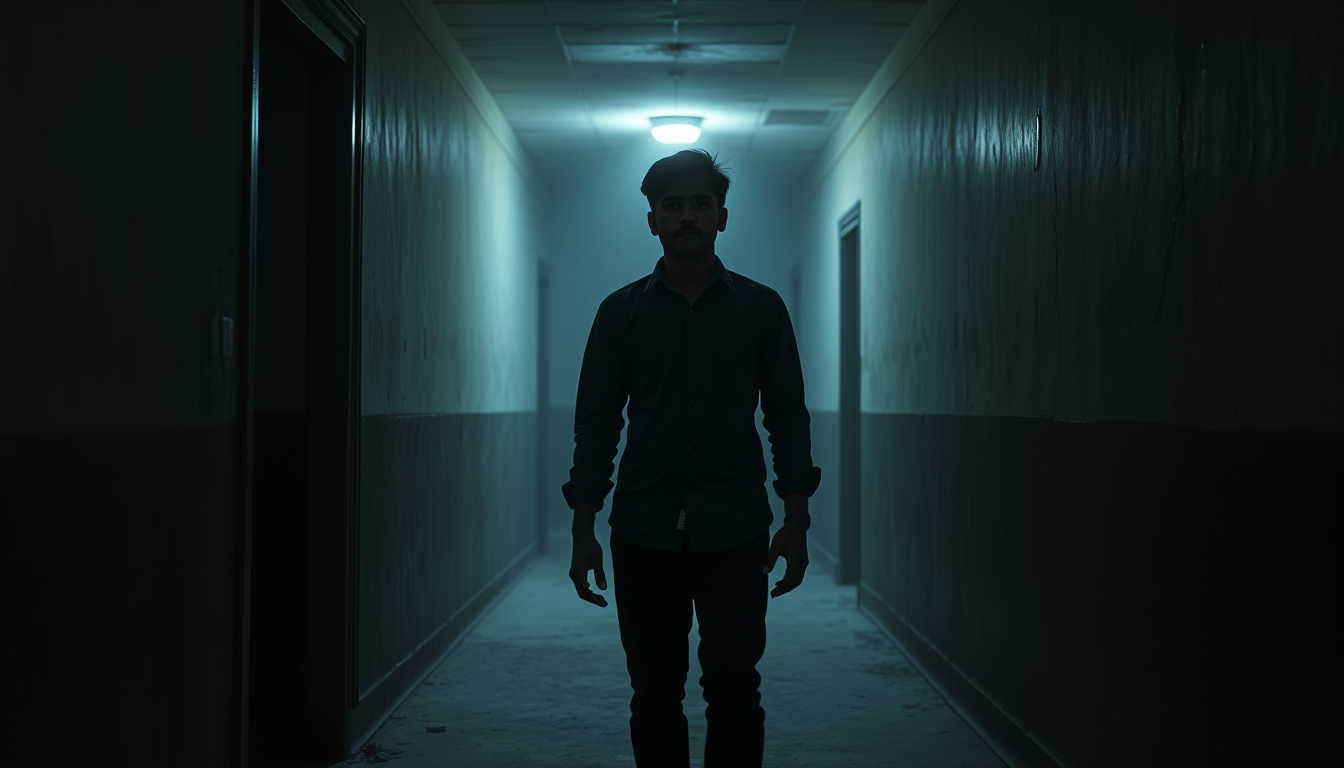 Main art studio: A cinematic realistic horror scene in an abandoned hotel corridor at midnight, a young Indian man around 25 years old standing alone in the center of