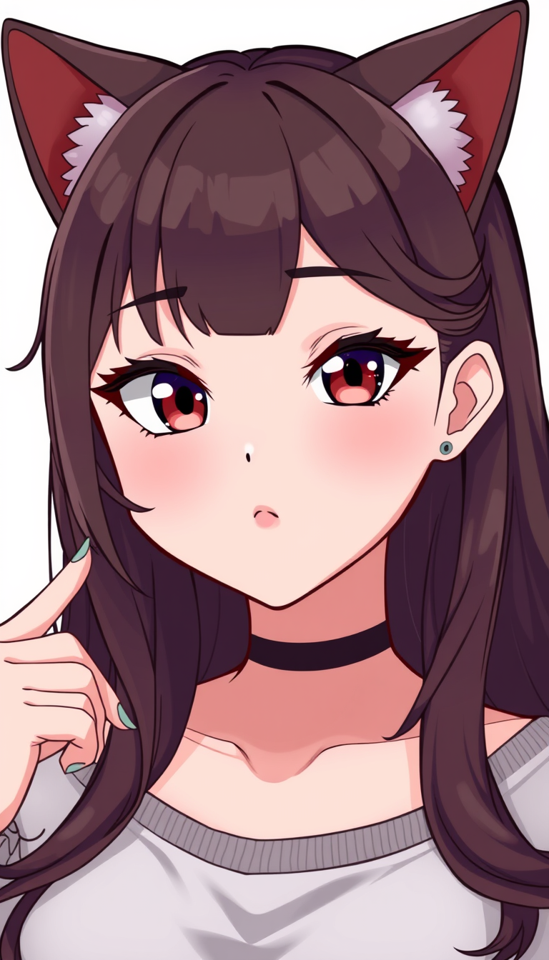 VTuber idea: vtuber avatar character, anime style, expressive face, streaming-ready design, A gyaru v tuber with dark brown hair, cat ears, pale olive skin, heavy